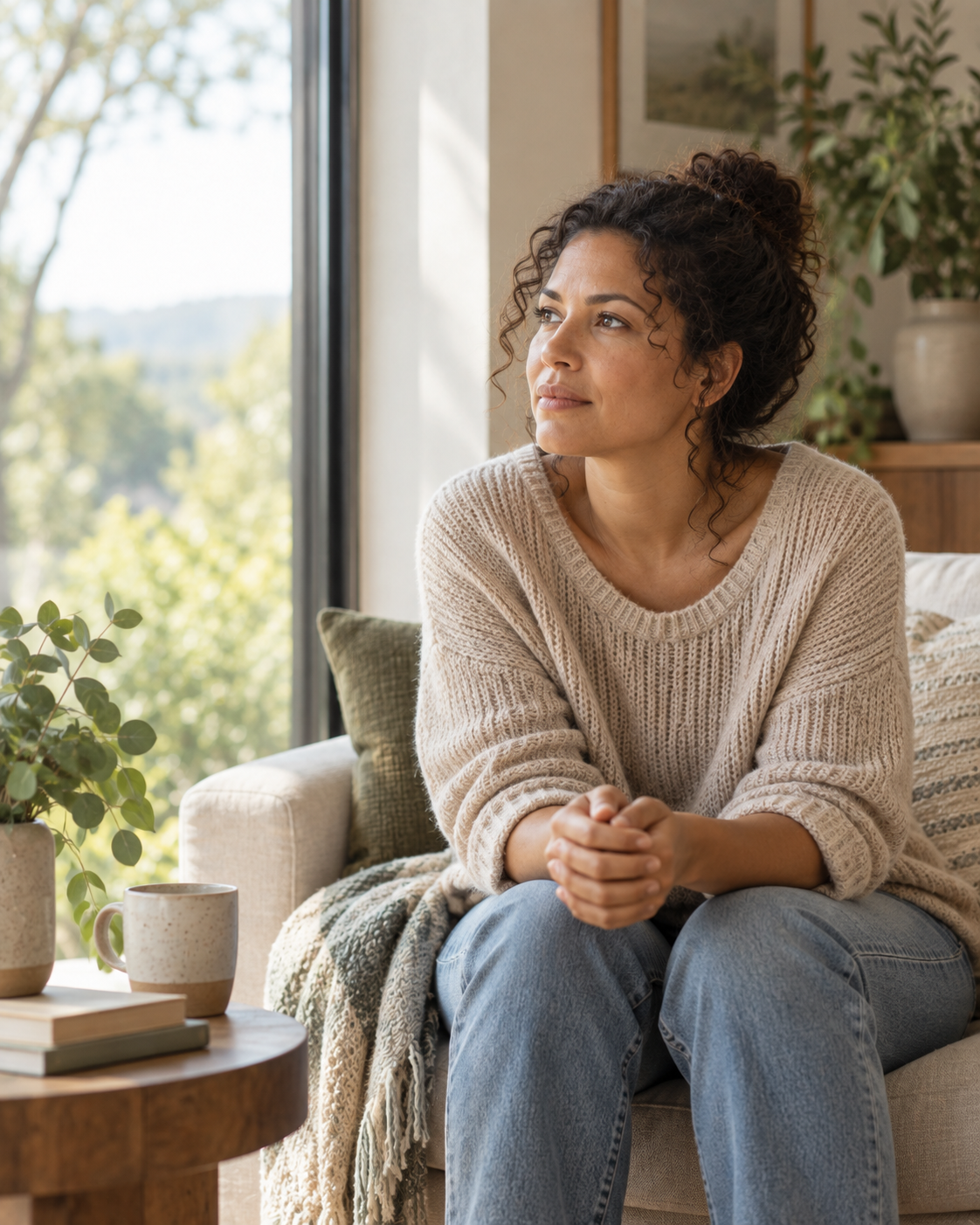 Woman sitting near a sunlit window with her hands gently clasped, pausing thoughtfully in a calm, plant-filled room.