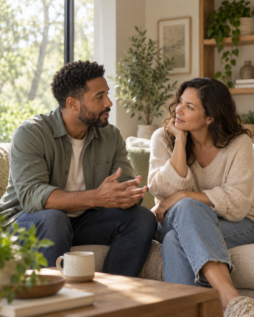 Two adults having a warm, attentive conversation in a softly lit living room, reflecting trust, connection, and emotional safety.