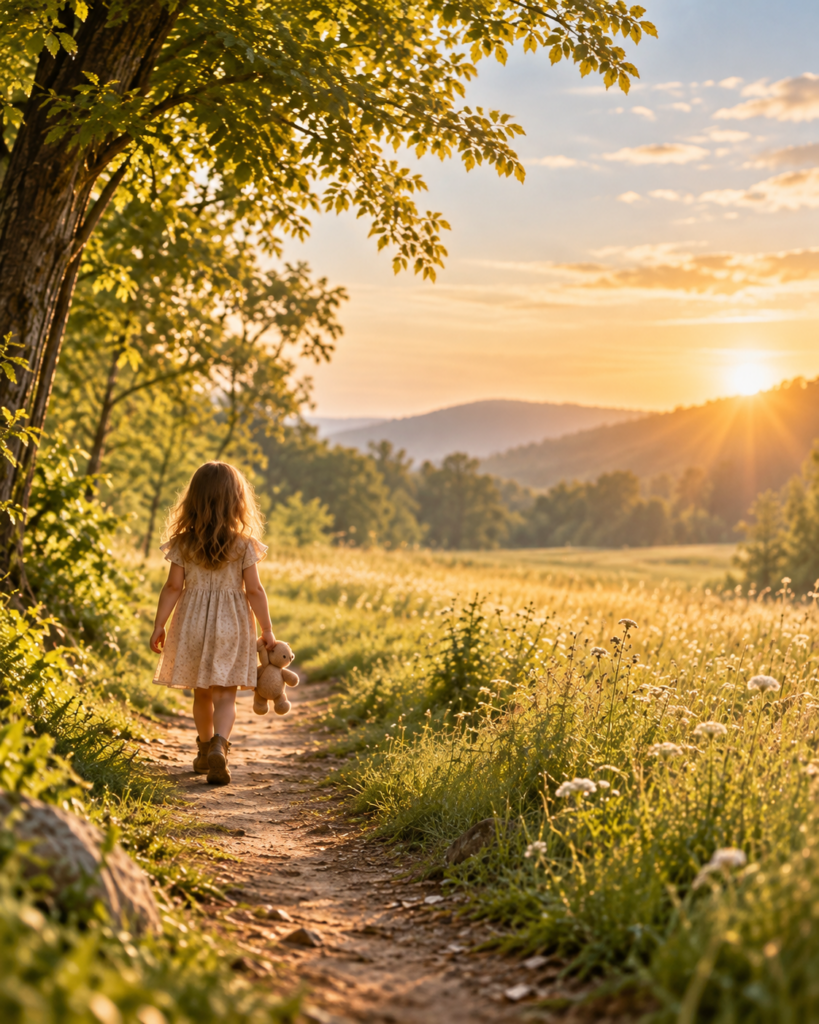 Young child holding a teddy bear and walking along a sunlit path through a meadow at golden hour.