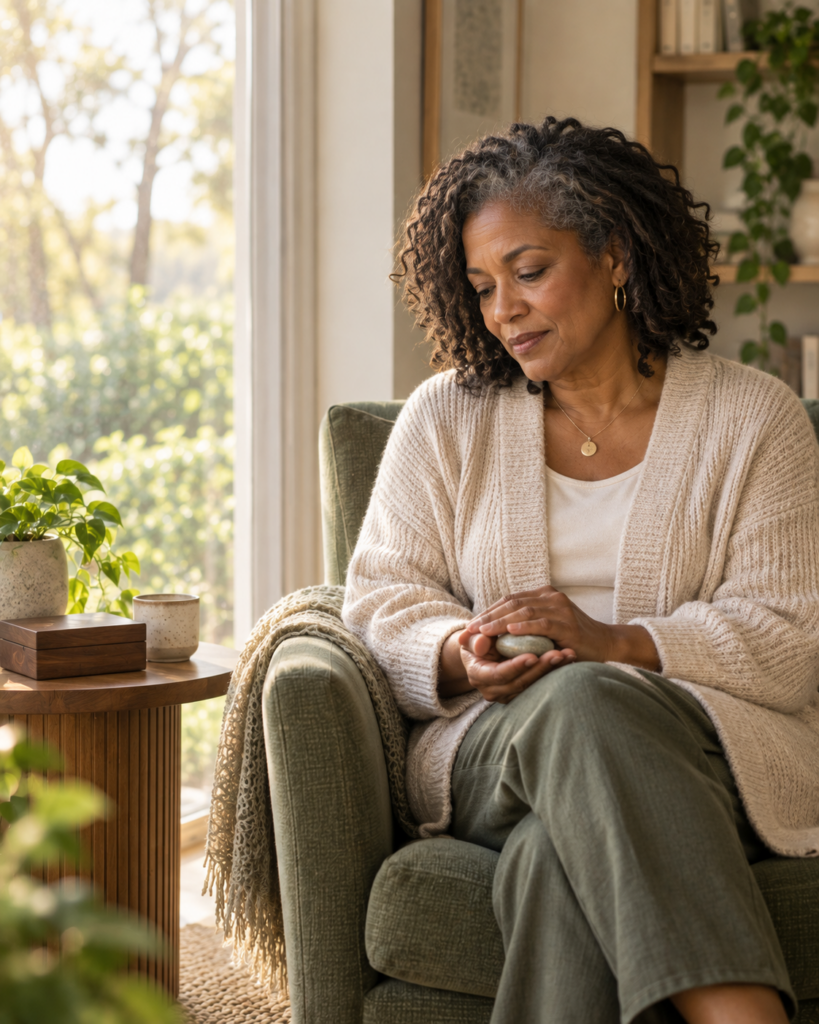 Woman sitting quietly near a sunlit window while holding a small keepsake, reflecting the tenderness and ongoing nature of grief and loss.