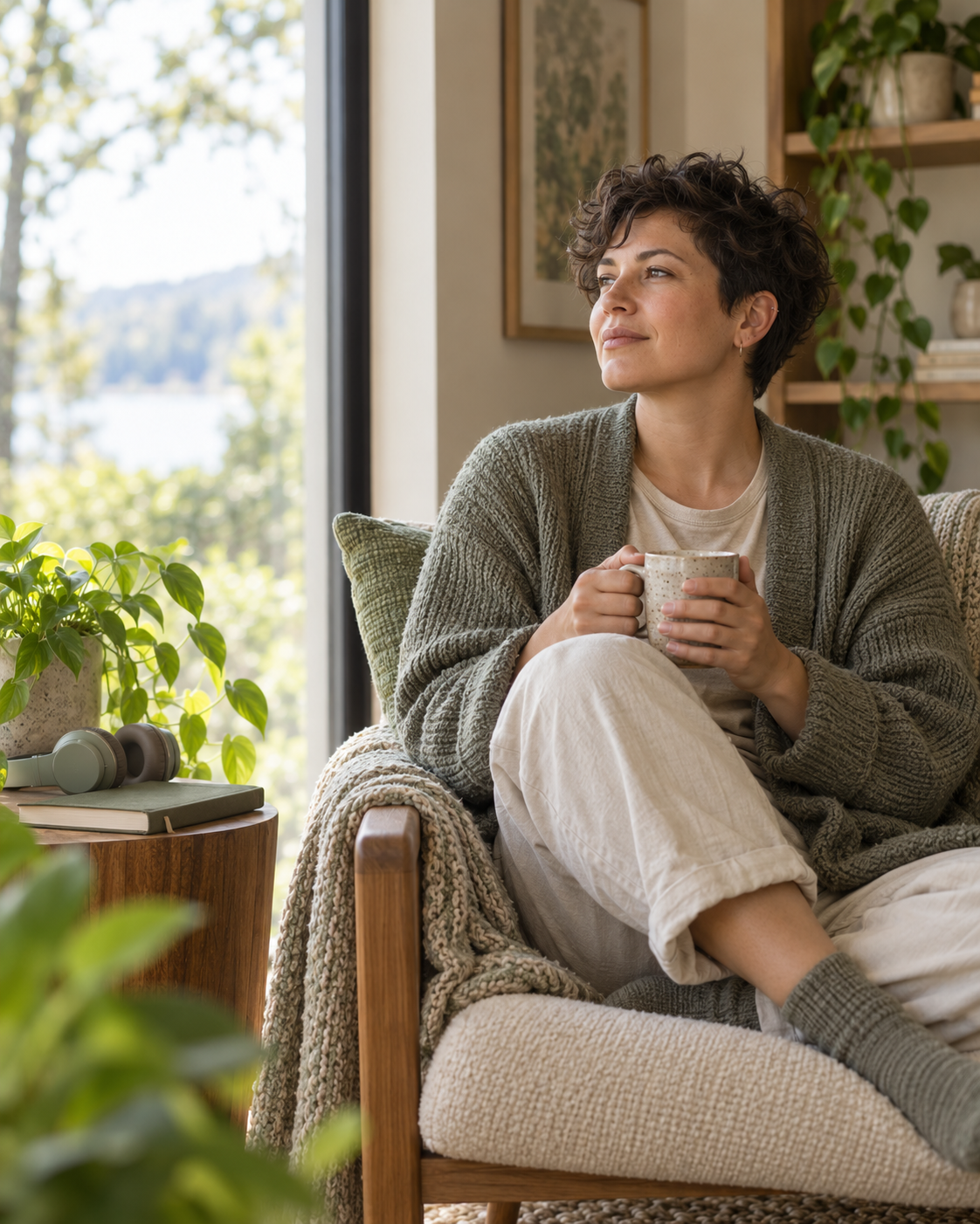 Neurodivergent adult resting with a warm drink in a calm, sensory-supportive space with soft textures, natural light, plants, and headphones nearby