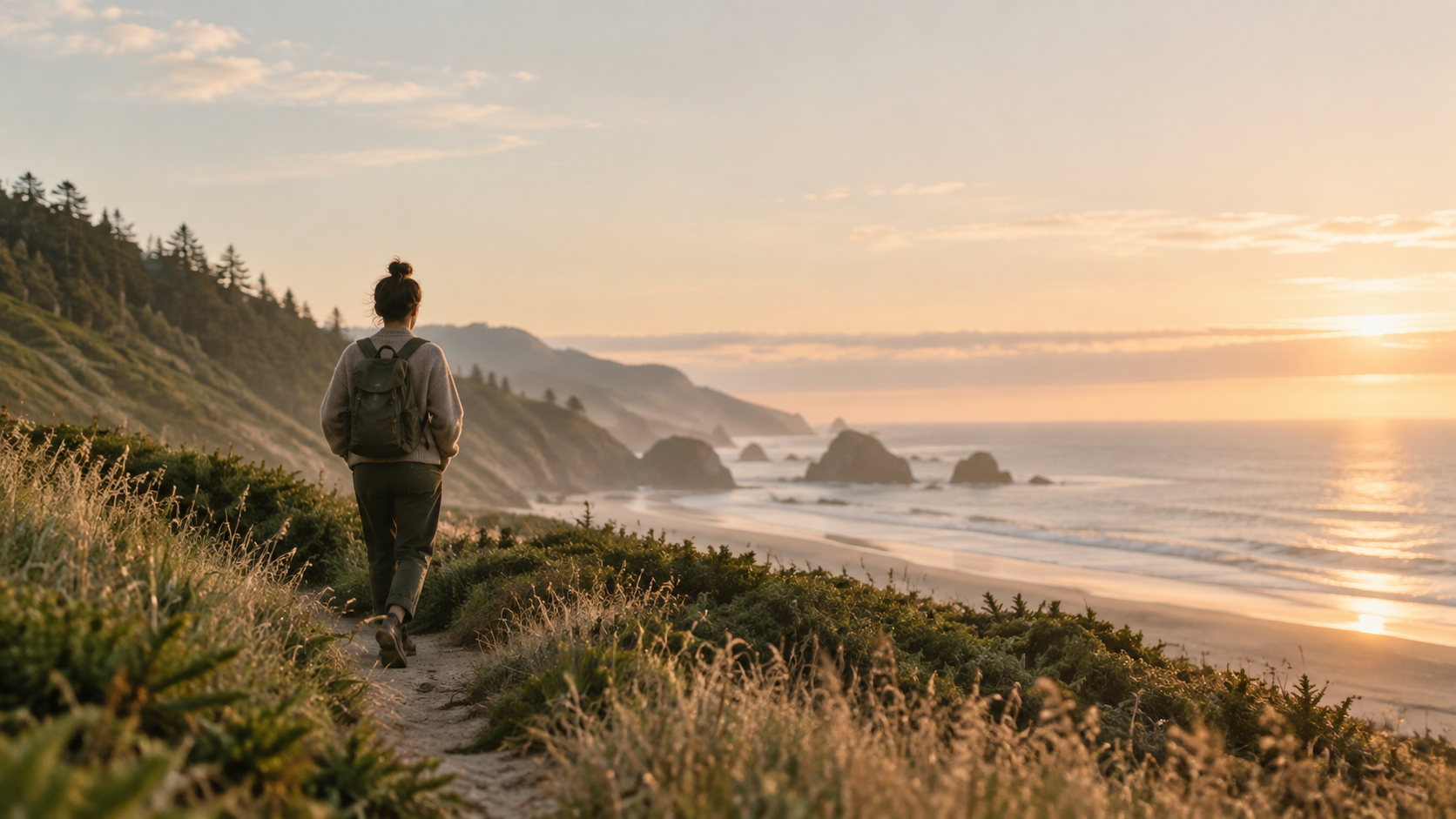 Person walking along a peaceful coastal trail at sunset, overlooking the ocean and rocky shoreline.