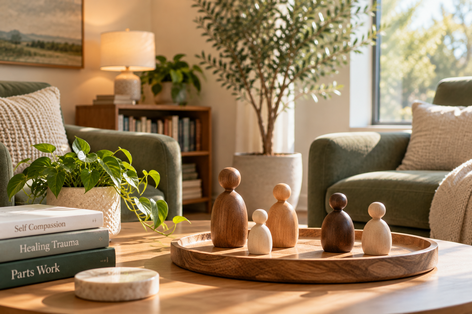 Symbolic wooden figures representing different inner parts in Internal Family Systems (IFS) therapy on Long Island.