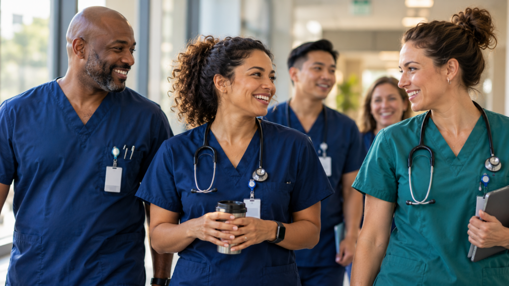 Diverse group of healthcare professionals in hospital scrubs smiling and talking together in a bright hospital hallway, representing connection, support, and well-being among healthcare workers.