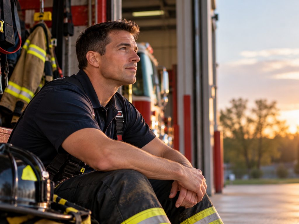 Firefighter sitting outside a fire station at sunset, taking a quiet moment after a shift with protective gear nearby.