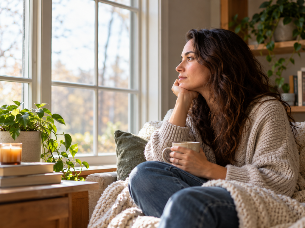Woman sitting beside a sunlit window, holding a mug and looking thoughtfully outside. Contemplating depression therapy in New York.