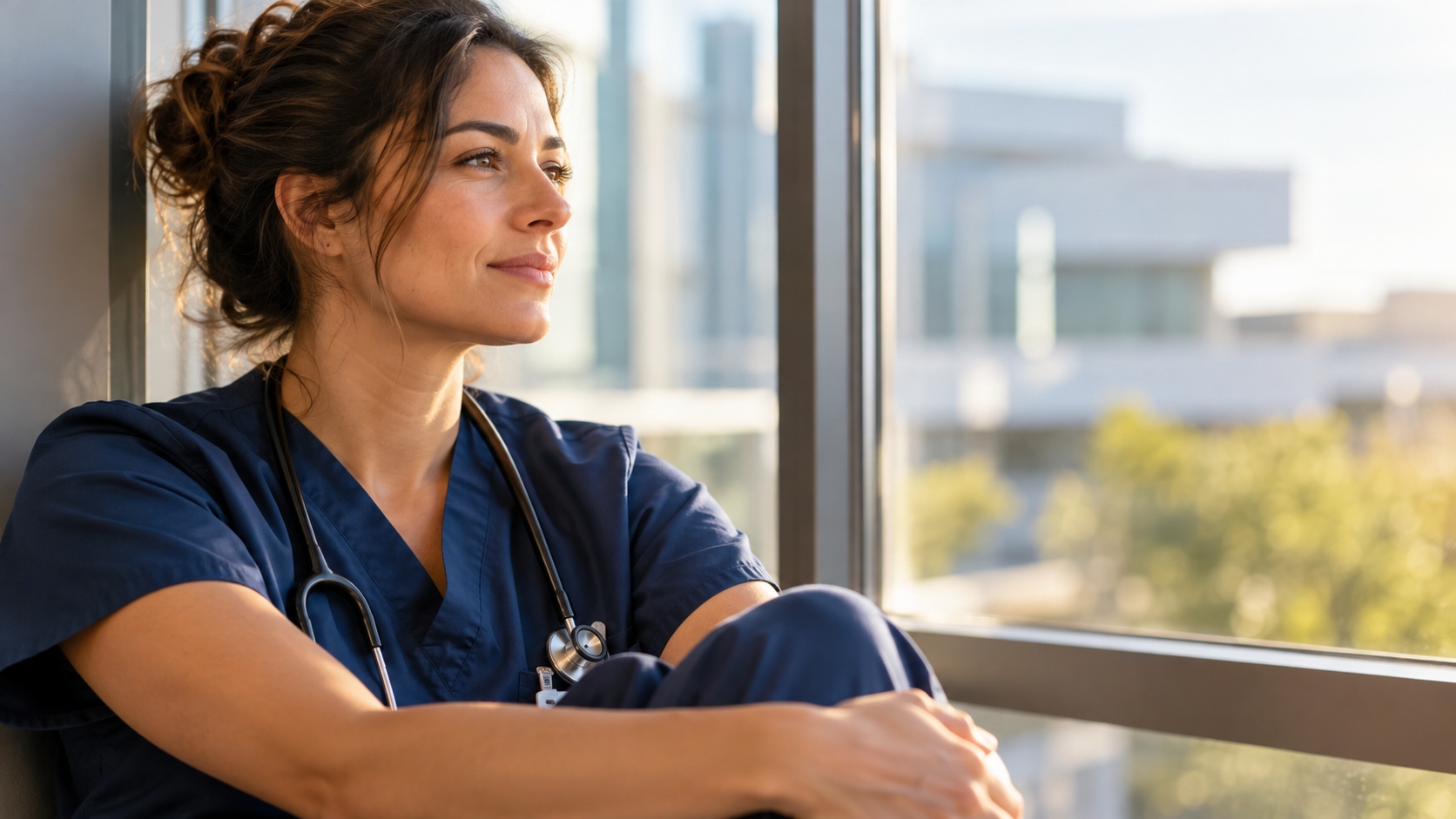 Healthcare worker by Window, burnout and trauma