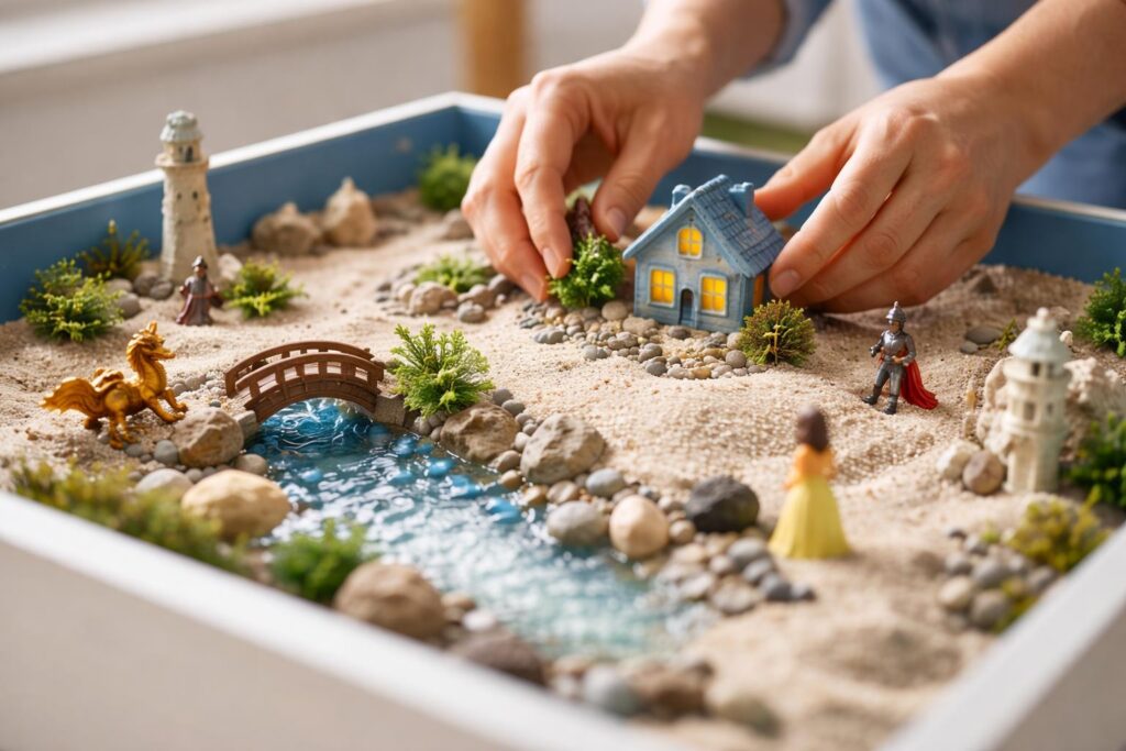 Sandtray therapy materials with miniature figures, trees, and objects arranged in a tray at a Long Island counseling office.
