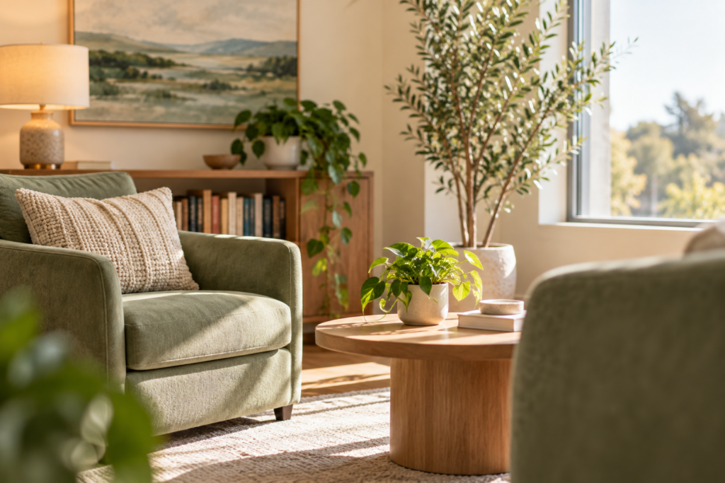 Warm, welcoming therapy space with sage-green chairs and natural light, representing EMDR therapy on Long Island.