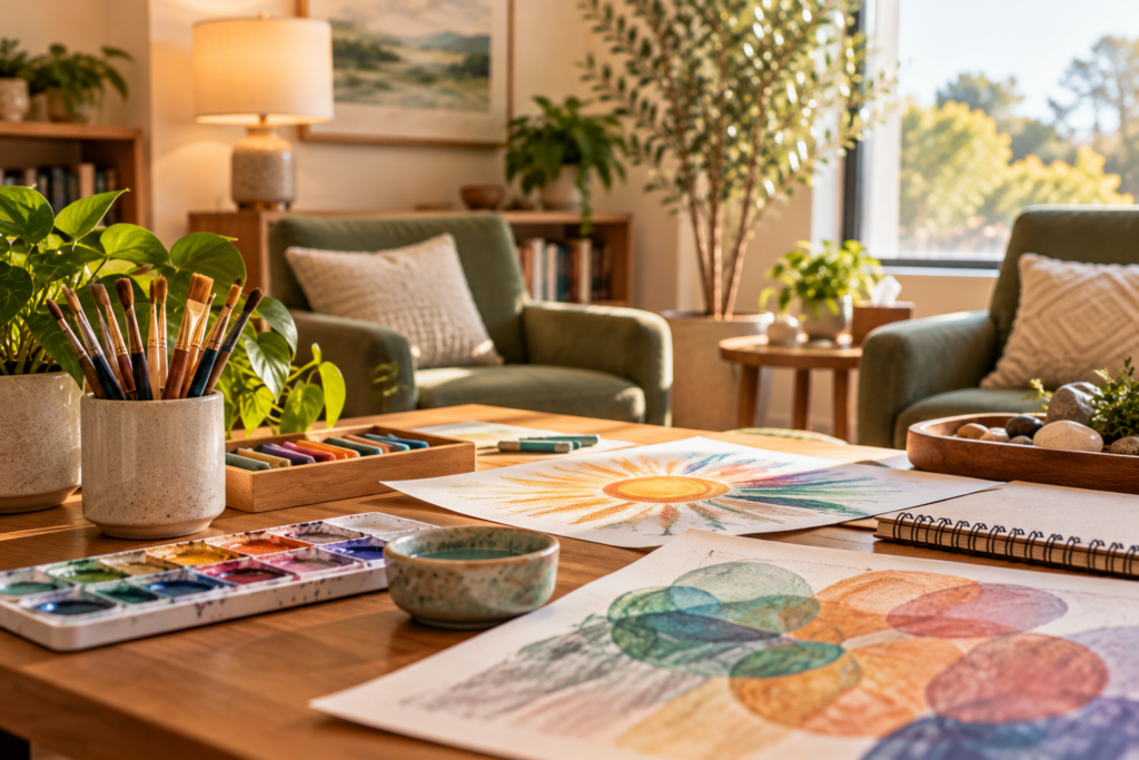 Art therapy materials including watercolor paints, brushes, pastels, and expressive artwork in a welcoming Long Island therapy office.