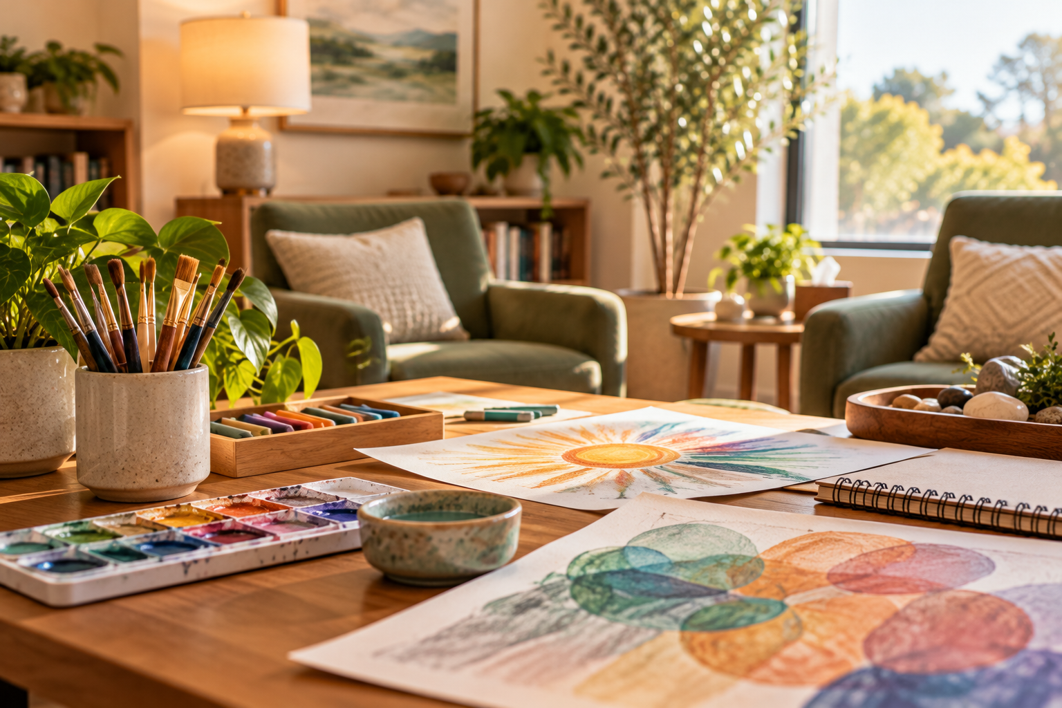 Art therapy materials including watercolor paints, brushes, pastels, and expressive artwork in a welcoming Long Island therapy office.